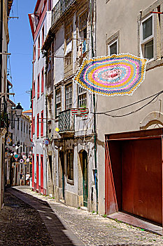 葡萄牙,可因布拉,狭窄,鹅卵石,街道,老,局部,城镇,装饰,纸,花,编织,艺术品