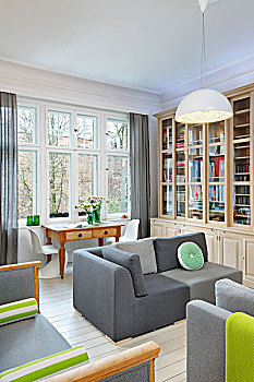 优雅,图书馆,灰色,沙发,桌子,抽屉,白色,椅子,舒适,时期,室内