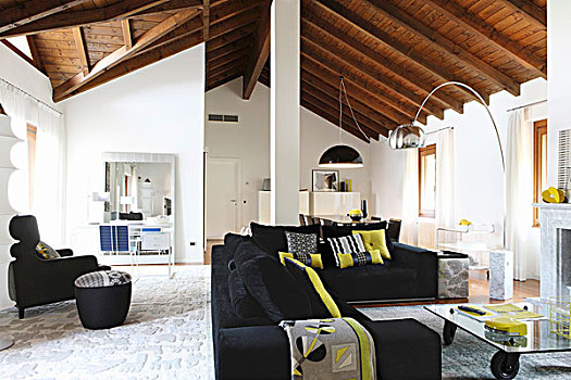 黑色,沙发,垫子,柠檬,绿色,茶几,室内,展示,天花板