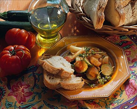 普罗旺斯,蔬菜,白面包,橄榄油,西红柿