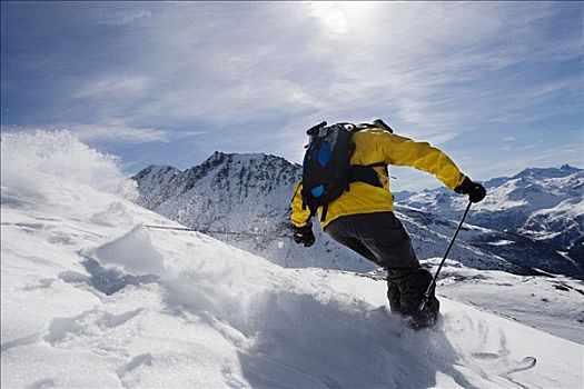 男性,滑雪,山,后视图