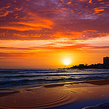 海滩,日出,地中海,阿利坎特,西班牙