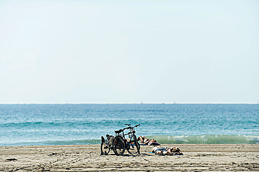 日光浴,自行车,海滩