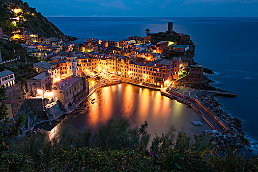 城镇风光,黄昏,维纳扎,五渔村,利古里亚,意大利,欧洲