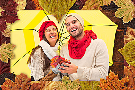 合成效果,图像,秋天,情侣,拿着,伞,上方,厚木板