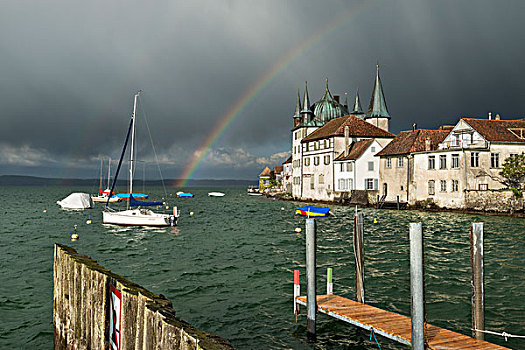郁闷,亮光,彩虹,港口,康士坦茨湖,瑞士,欧洲