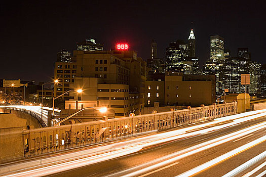 高速公路,布鲁克林大桥,曼哈顿,天际线,夜晚,纽约