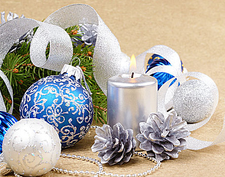 蓝色,白色,圣诞节,彩球,银,蜡烛,上方,金色,背景