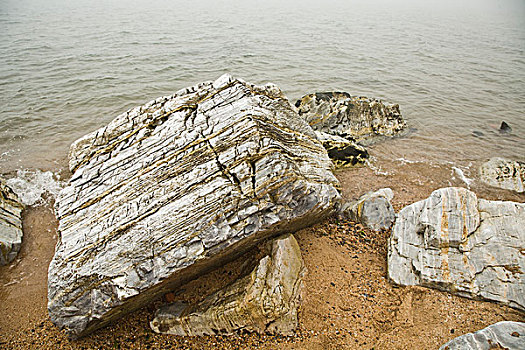 北戴河,沙滩,雾,天气,安静,石头,观赏石,海浪