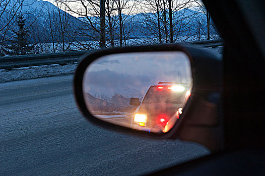 阿拉斯加,交通工具,反射,后视镜,驾驶员,苏厄德公路,靠近,特纳甘湾,冬天