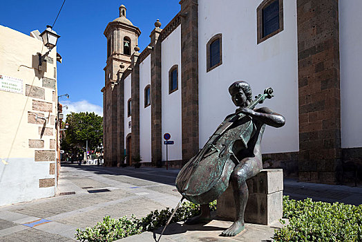 铜像,大提琴,广场,奥兰多,后面,教堂,圣塞巴斯蒂安,大卡纳利岛,加纳利群岛,西班牙,欧洲