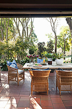 藤椅,木桌子,赤陶,平台,花园,背景