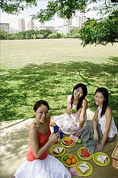 三个女人,野餐,公园,看镜头,微笑