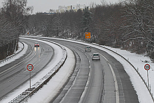 雪,遮盖,公路,靠近,速度,限制,标识,黑森州,德国