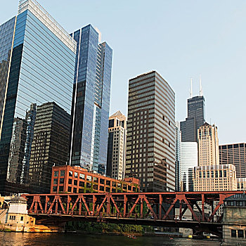 桥,河,建筑,背景,蓝天,芝加哥,伊利诺斯,美国