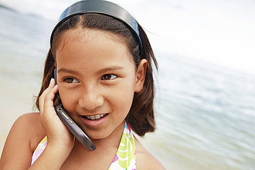夏威夷,瓦胡岛,女孩,交谈,手机,海滩