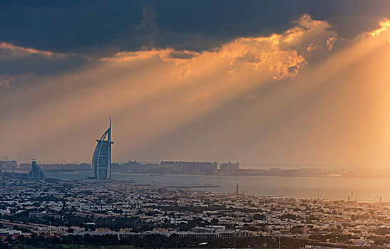 城市,迪拜,阿联酋,黄昏,帆船酒店,摩天大楼,远景
