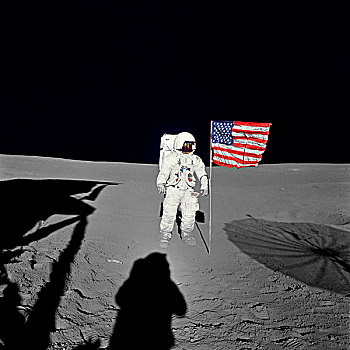 阿波罗14号,宇航员,站立,美国国旗,月球表面