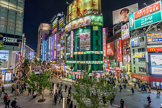 街道,风景,光亮,广告,信息板,夜晚,新宿,东京,日本