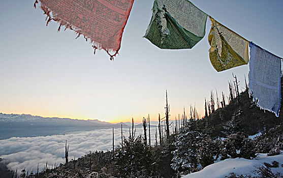 经幡,日出,上方,喜马拉雅山,不丹