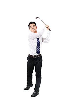 一个青年商务男士手握高尔夫球杆