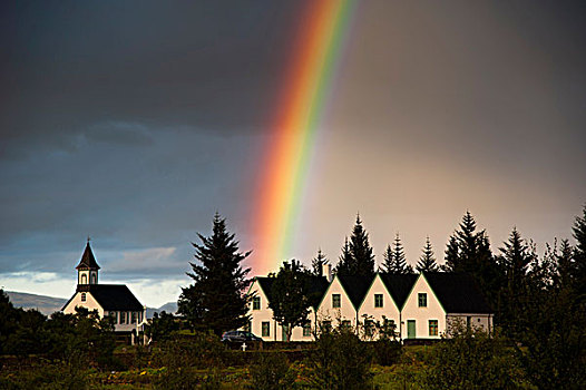 彩虹,上方,教堂,金色,圆,南方,冰岛,欧洲