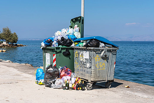 垃圾,包,堆放,拥挤,垃圾桶,岛屿,科孚岛,爱奥尼亚群岛,希腊,欧洲