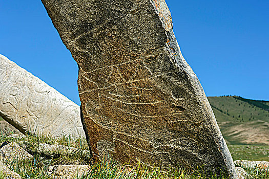 石头,石碑,雕刻,鹿,墓碑,迟,青铜时代,国家公园,蒙古,亚洲