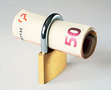 50欧元,特写,挂锁,象征,金融安全,斜,景深,钞票,图像