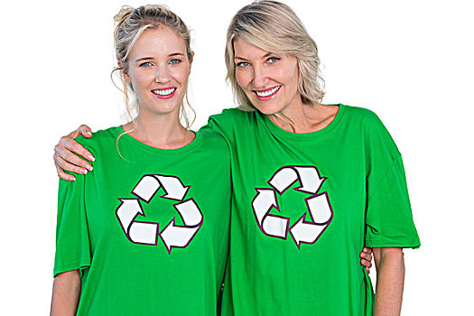 两个,微笑,女人,穿,绿色,再循环,t恤