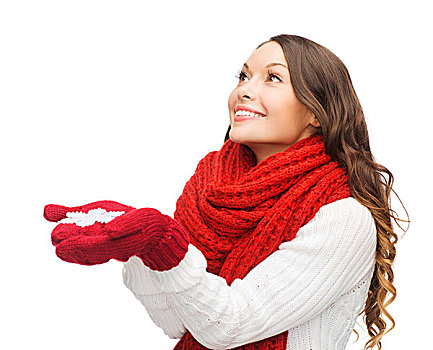 冬天,人,高兴,概念,女人,围巾,手套,大,雪花