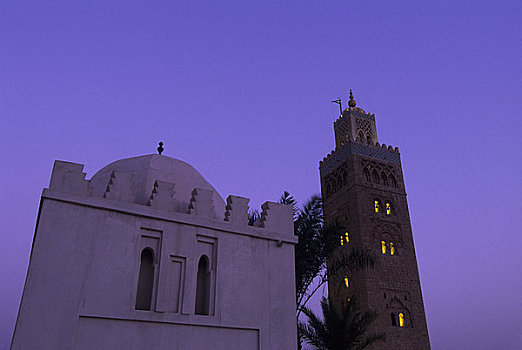摩洛哥,玛拉喀什,库图比亚清真寺,清真寺,尖塔,夜晚,照片