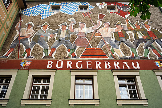 大,墙壁,壁画,艺术家,阿诺河,建筑,酒厂,旅店,坏,贝希特斯加登地区,地区,上巴伐利亚,巴伐利亚,德国,欧洲