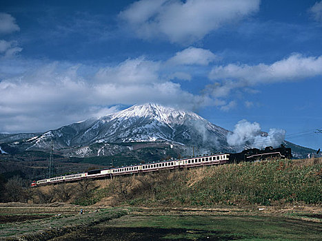 积雪,山,蒸汽机车