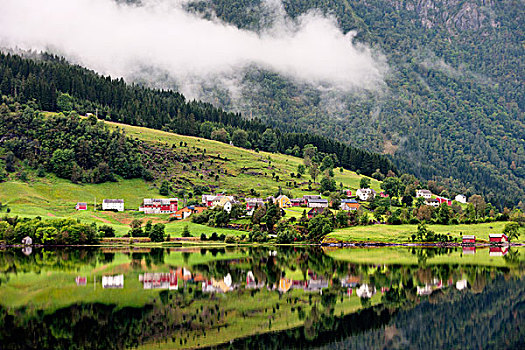 房子,山谷,水,低云,挪威