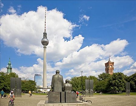 卡尔马克思,纪念建筑,电视塔,红色,市政厅,柏林,德国