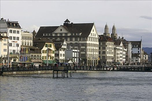 旧城,大教堂,码头,高处,林马特河,苏黎世,瑞士