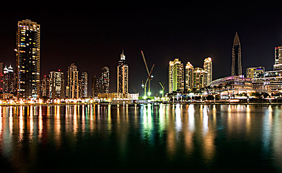 夜晚,天际线,展示,次序,鲜明,摩天大楼,反射,水,哈利法,湖,迪拜,阿联酋