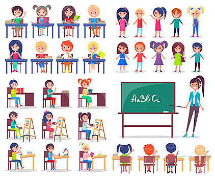 隔绝,学生,坐,桌子,教师,站立,解释,新,主题,矢量,彩色,插画,平面设计,白色背景