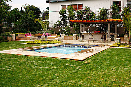 游泳池,喷泉,花园,正面,屋顶,平台,房子
