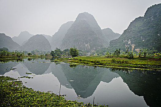 越南,石灰石,喀斯特地貌,反射,雾,大幅,尺寸