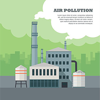 空气污染,概念,工厂,建筑,管,烟,室外,两个,烟囱,电厂,排放,上方,城市,矢量,插画