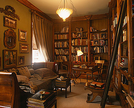 家,图书馆,老式,艺术品,高处,座椅,面对,墙壁,书架,梯子