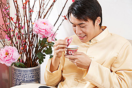 男人,传统服装,喝,中国茶