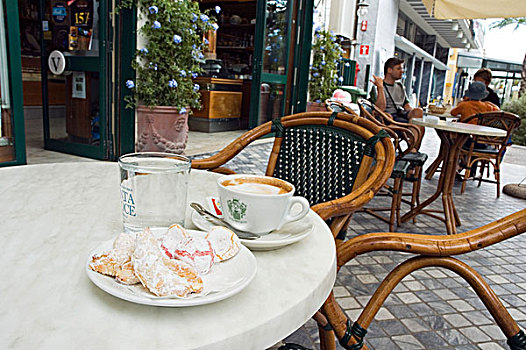 杏仁饼干,卡布奇诺,咖啡馆,码头,托斯卡纳,意大利,欧洲