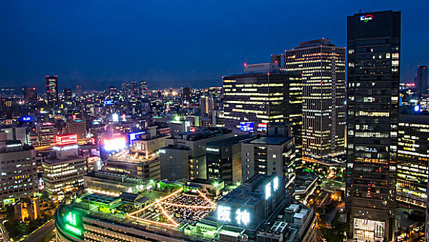 大阪,天际线,俯视,晚间,日本