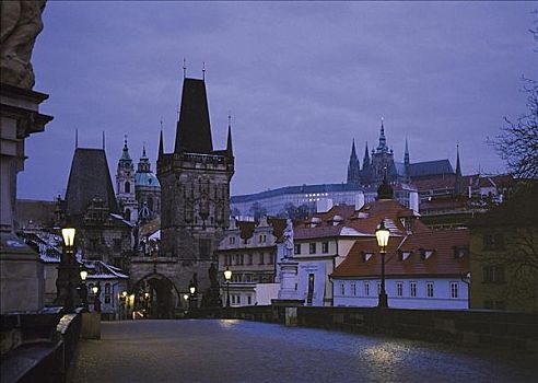 黃昏,光亮,夜光,旧城,桥,布拉格,捷克共和国,欧洲,欧盟新成员