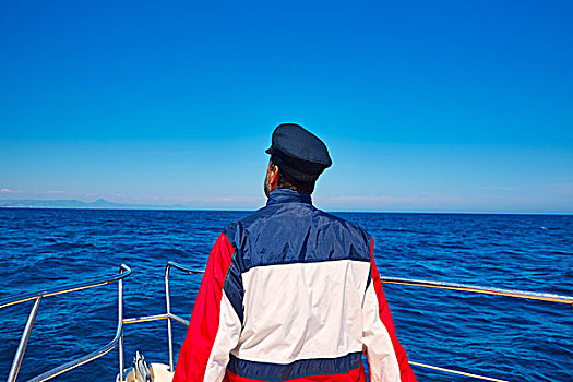 后面,水手,男人,航行,海洋,船,船长,帽,看,地平线