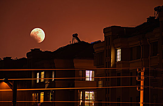 月全食,红月亮,美艳城市