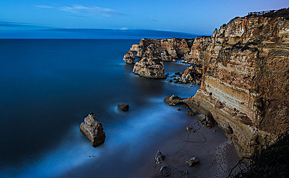 岩石海岸,月光,法若,阿尔加维,葡萄牙,欧洲